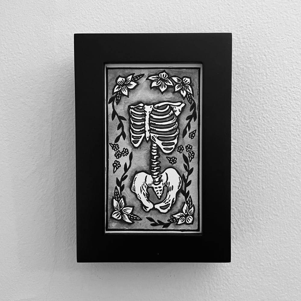 Skeleton And Flowers Linocut Watercolor Print