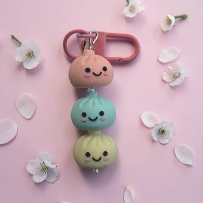 Image of Rainbow Dumpling key chain charm,  Food phone charms, kawaii charms, pink, blue, creamy