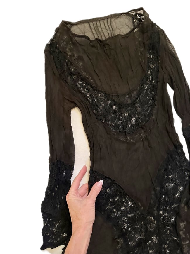 1920s noir tissue silk and handmade lace dress 