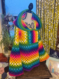 Image 4 of HYPER RAINBOW - Rainbow crochet full length large hooded jumper - long hoodie