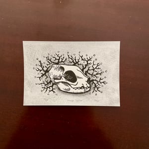 Cat Skull Trees Linocut Print With Watercolor