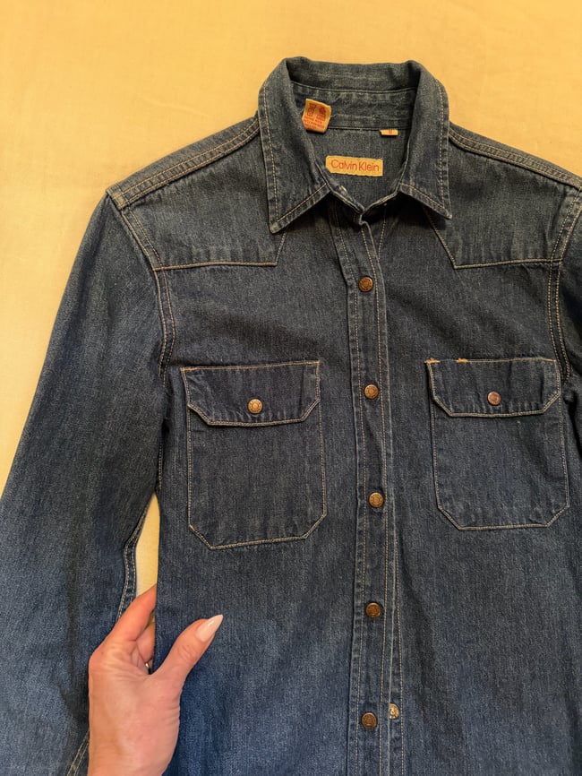 70s Calvin Klein dark denim snap shirt