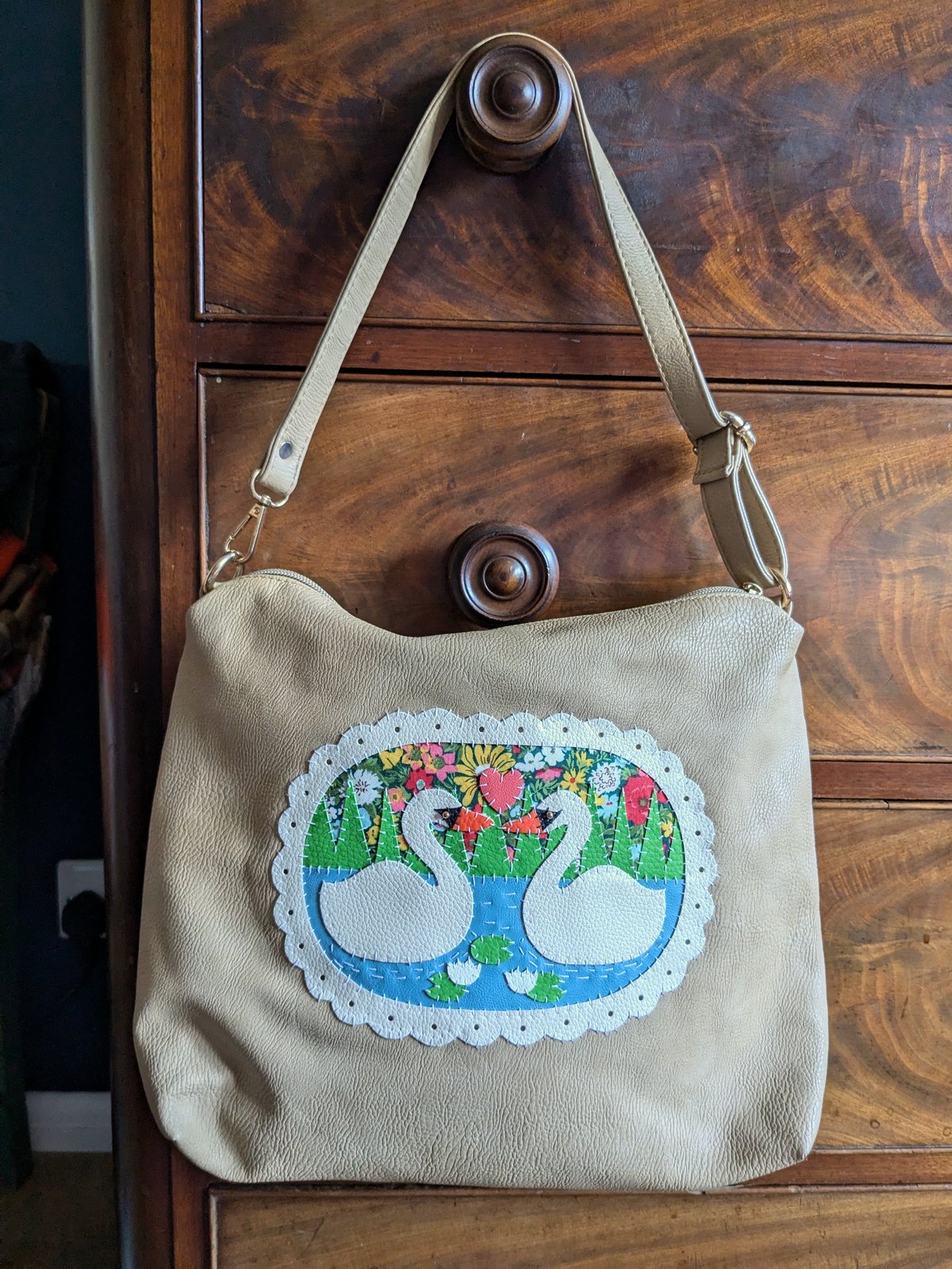 Image of Upcycled Beige Swan Lake Shoulder Bag