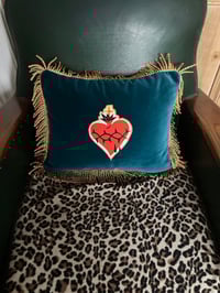Image 1 of Sacred heart patch teal velvet rectangle cushion 