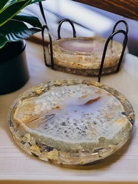 Image 3 of Set of 4 Agate & Rutilated Quartz Crystal Resin Coasters With Holder 'The Light'