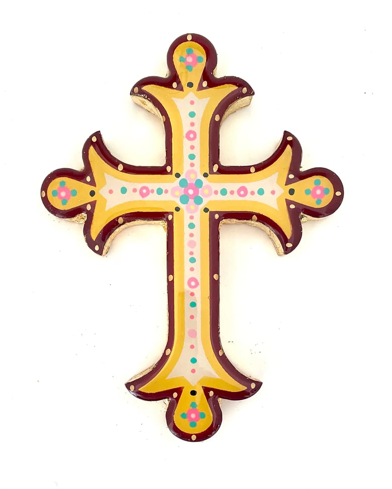 Image of Floral Cross Small Maroon/Yellow/White 