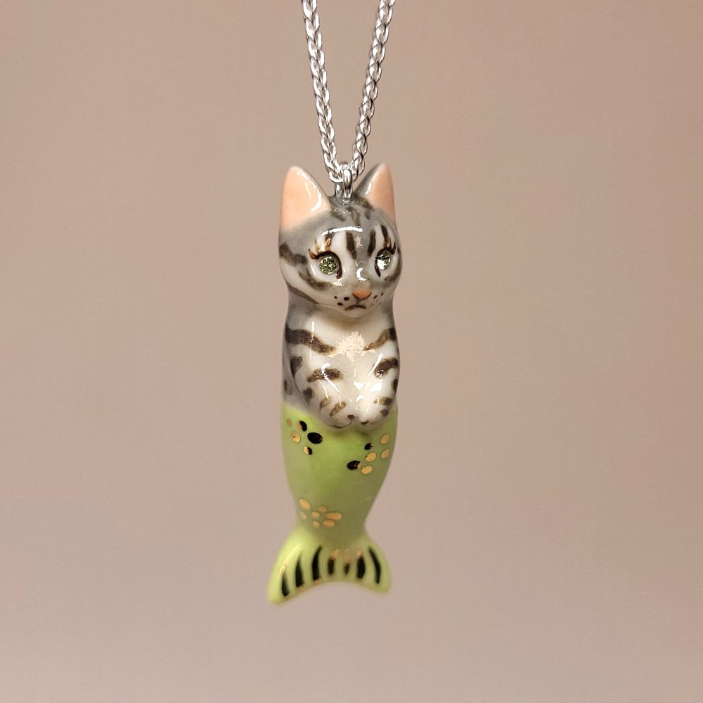 Image of Grey Tabby Purrmaid Porcelain & Sterling Silver Pendant