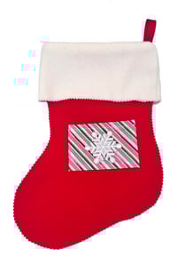 Image 1 of Red Stocking with Striped Pocket and Sewn Ornaments