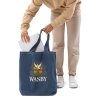 Image 1 of WASBY® Organic Denim Christian Tote Bag | Bold Faith Logo Carryall