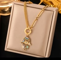 Image 3 of Hamsa Hand with Evil Eye Non-Fading Vintage Painted Necklace Earrings Set