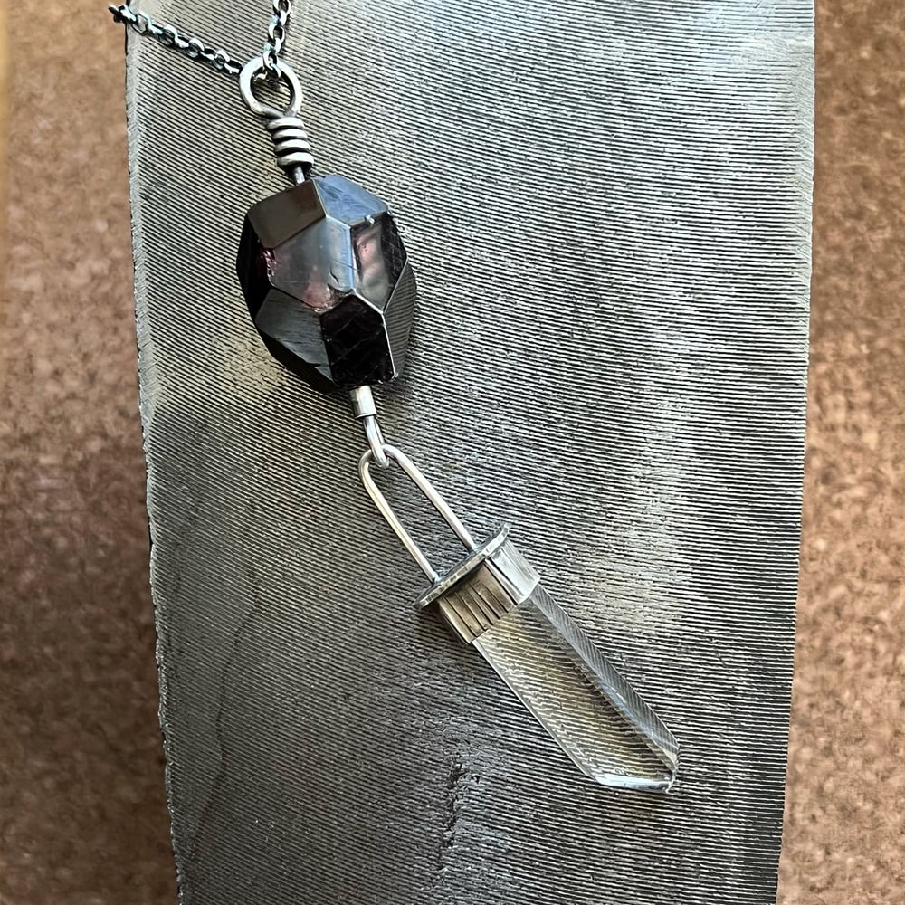 Image of Large Faceted Garnet Bead with Clear Quartz Crystal Point Necklace