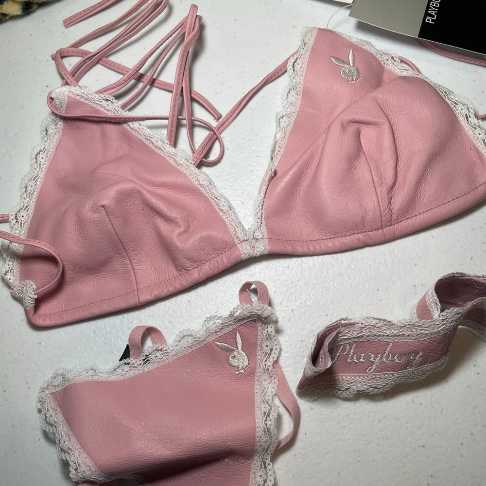 Image of DEADSTOCK PLAYBOY LEATHER LINGERIE SET PINK SUEDE