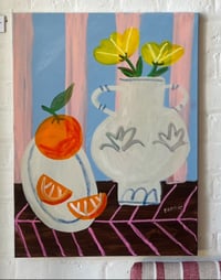 Image 1 of 6. Vase and Oranges