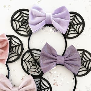 Image of Spiderweb Mouse Ears with Purple and Frosted Mauve Bows