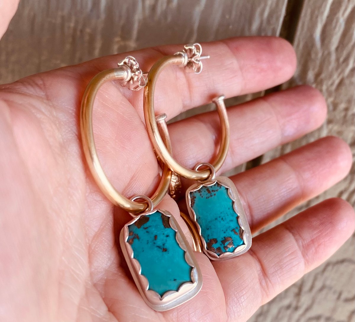 Image of Brass Post Hoops + Turquoise and Pyrite Bars 