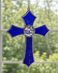 Image 1 of Deep Blue Cross Stained Glass Suncatcher