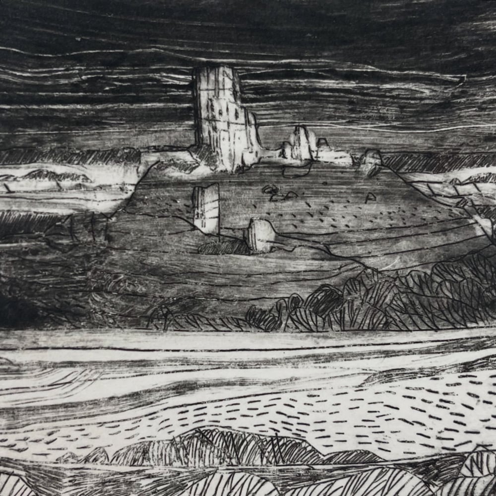 ‘Clouds above Corfe Castle’ original drypoint etching