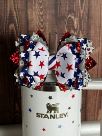Image 1 of 4th of July Memorial Day Patrotic Red, White and Blue Tumbler Straw Topper Bow