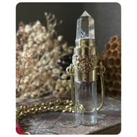 Image 1 of Rollerball Glass Vial Necklace - Clear Quartz Tower Floral Detail and Solid Brass 