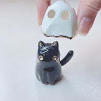 Image 1 of Black Cat With Ghost Mask Ceramic Figurine #1