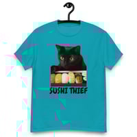 Image 7 of Unisex classic tee,  Sushi Thief T-Shirt | Funny Cat Sushi Lover Graphic Tee