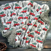 Image 3 of Holiday Red Trucks and Pine Trees Infant Car Seat Blanket