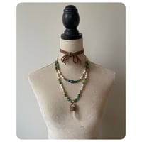 Image 1 of The Ariella Necklace - Pearleascent Green Glass Beads Pearls Brass and Quartz Necklace  