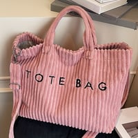 Image 17 of Women's Fashion Solid Color Corduroy Large Capacity Tote Bag, Letter Pattern with Contrast Design Ad