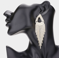 Gold Open Teardrop Rhinestone Fringe Dangle Evening Earrings 