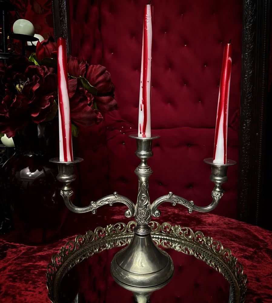 Image of Vintage Silver Candelabra w/ 3 Blood Drip Candles. 