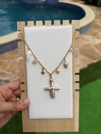 Image 3 of Baroque Pearl Cross Pink Charm Necklace