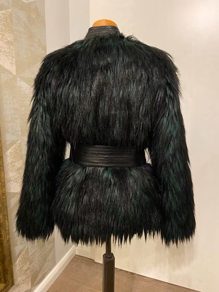 Image of BALMAIN x HM GREEN FAUX FUR TIE UP JACKET (SIZE )
