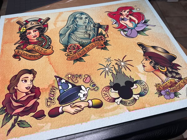 Image of Disney Inspired 2026 Traditional Tattoo Flash Sheet: Dis26A 11x14