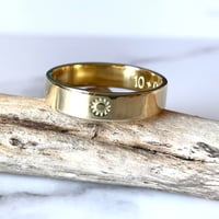 Image 2 of Celestial 18ct Gold Wedding Ring Sun Stamp Detail. Sunshine Gold Wedding Band Stamped