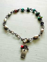 Image 13 of silvery pearl and turquoise nugget charm bracelet with adjustable chain