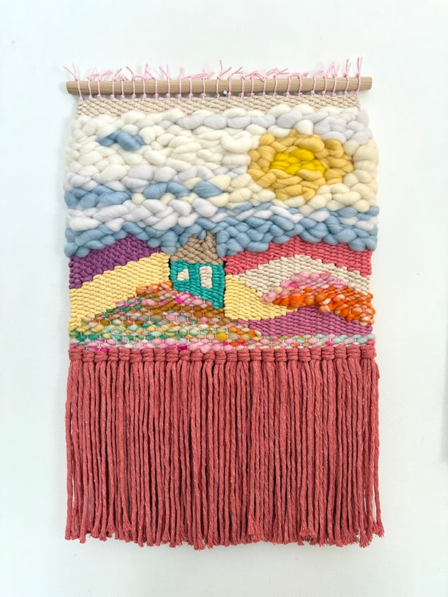 Little blue house & the rainbow mountains. Woven wall hanging.