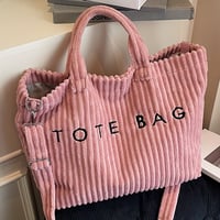 Image 7 of Women's Fashion Solid Color Corduroy Large Capacity Tote Bag, Letter Pattern with Contrast Design Ad