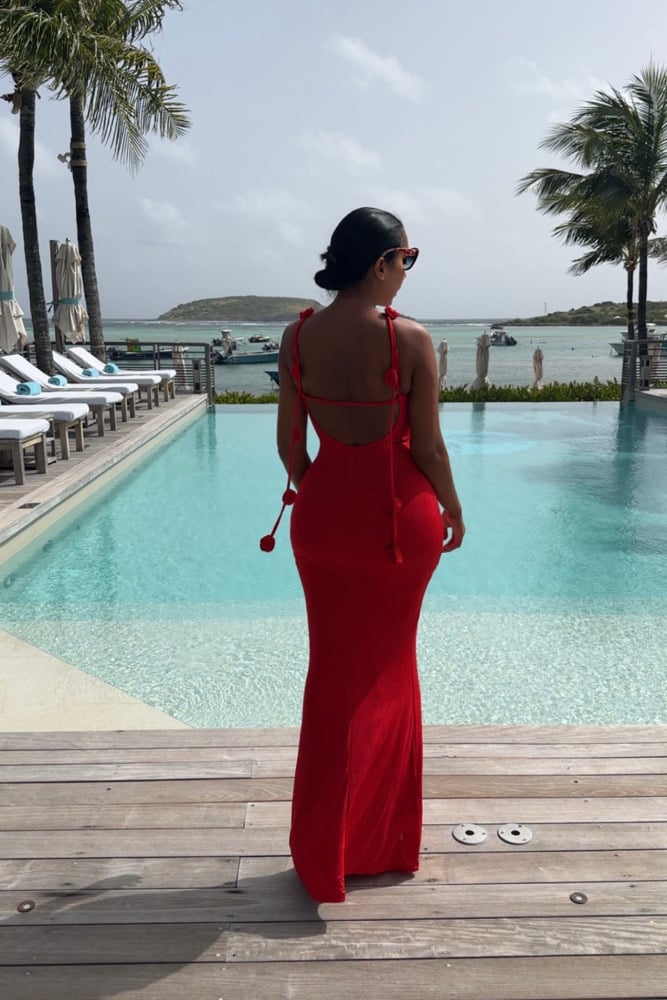 Image of RED FLORAL SLINKY MAXI DRESS WITH 3D FLOWER DRAPE (M)