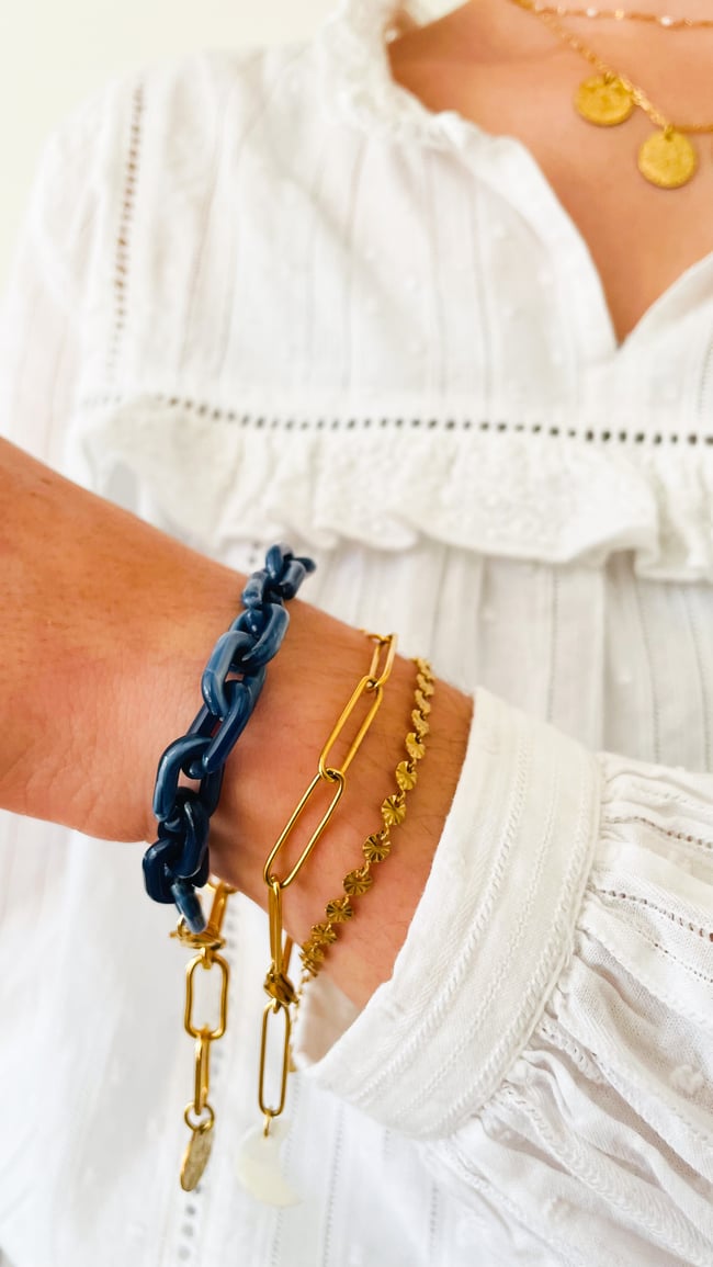 LAURA | Bracelet chaîne trombone allongée acier inoxydable doré lune nacre