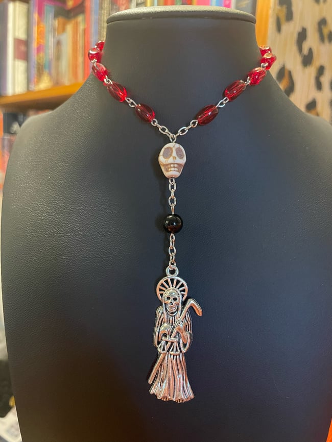 Santa Muerte Car Rosary - Red
