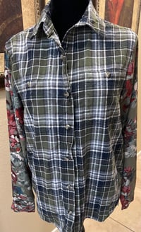 Image 2 of Vintage Funky Green Flannel Shirt Floral Sleeves Cactus