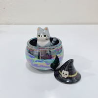 Image 2 of Glow in dark gray tabby cat in witch brew cauldron ceramic keepsake (rainbow effect)