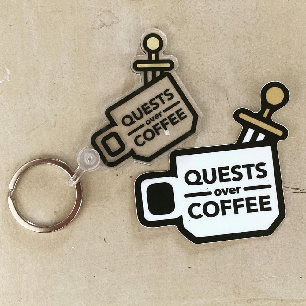 Quests Over Coffee Keychain & Sticker