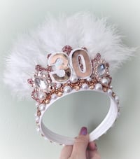 Image 5 of 30th Birthday tiara crown, rose gold with white Feathers & Pearls any age available 