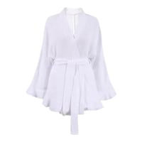Image 8 of White Long Sleeve Pajama Nightgown with Tie Waist and V-Neckline for Loungewear and Nightwear