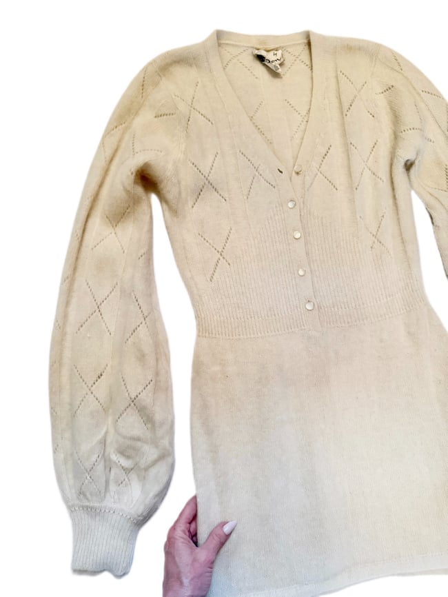 1960s white angora mini knit dress jane birkin poet sleeve 