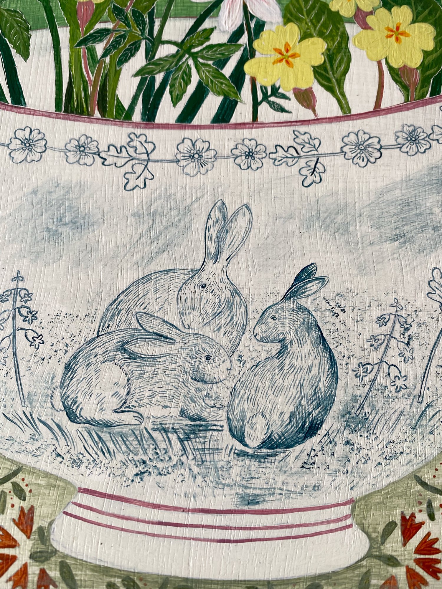 Image of Rabbit bowl with spring flowers 