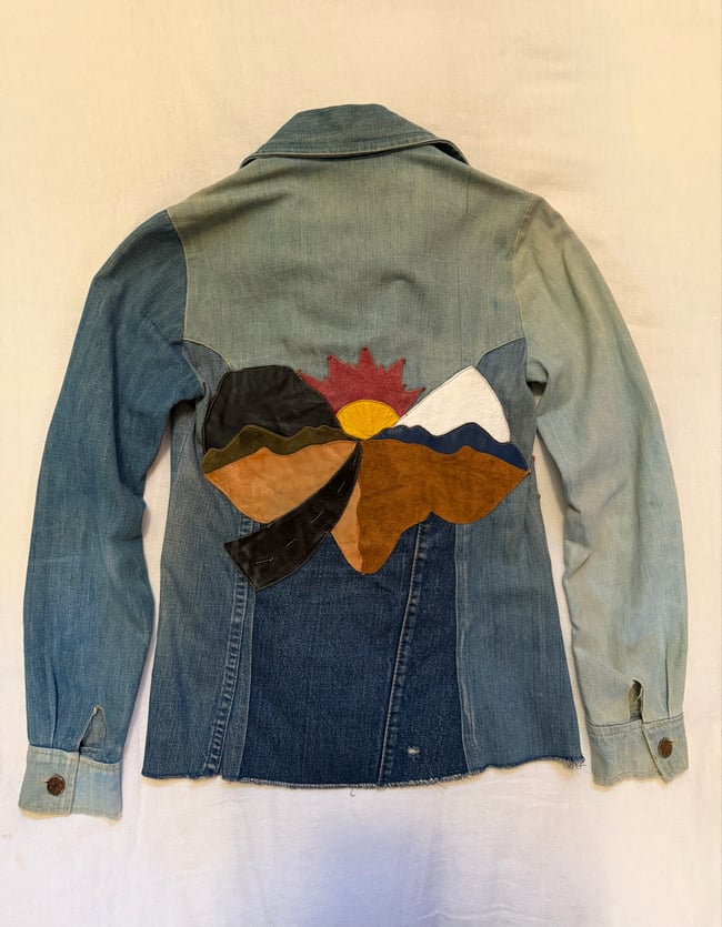 1970s denim patchwork and leather mountain magic hippie bohemian snap shirt jacket