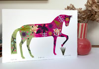 Image 2 of Paloma ,a pink and green monoprinted horse with collage elements 