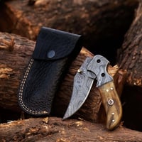Image 1 of 9" Handmade Damascus Steel Folding Pocket Knife with Ram’s Horn Handle & Cowhide Leather Sheath